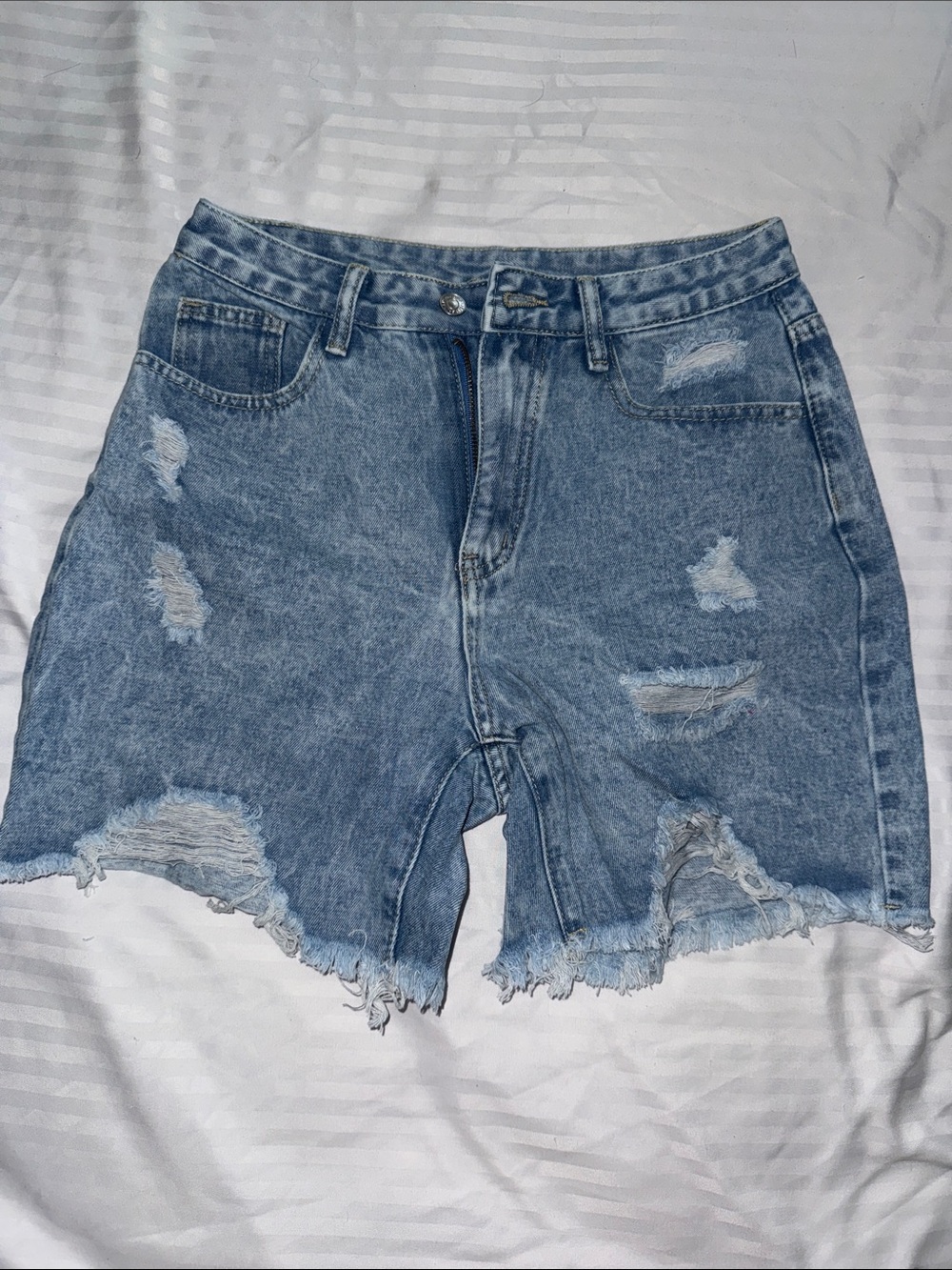 Distressed High-Waist Denim Shorts - Light Blue